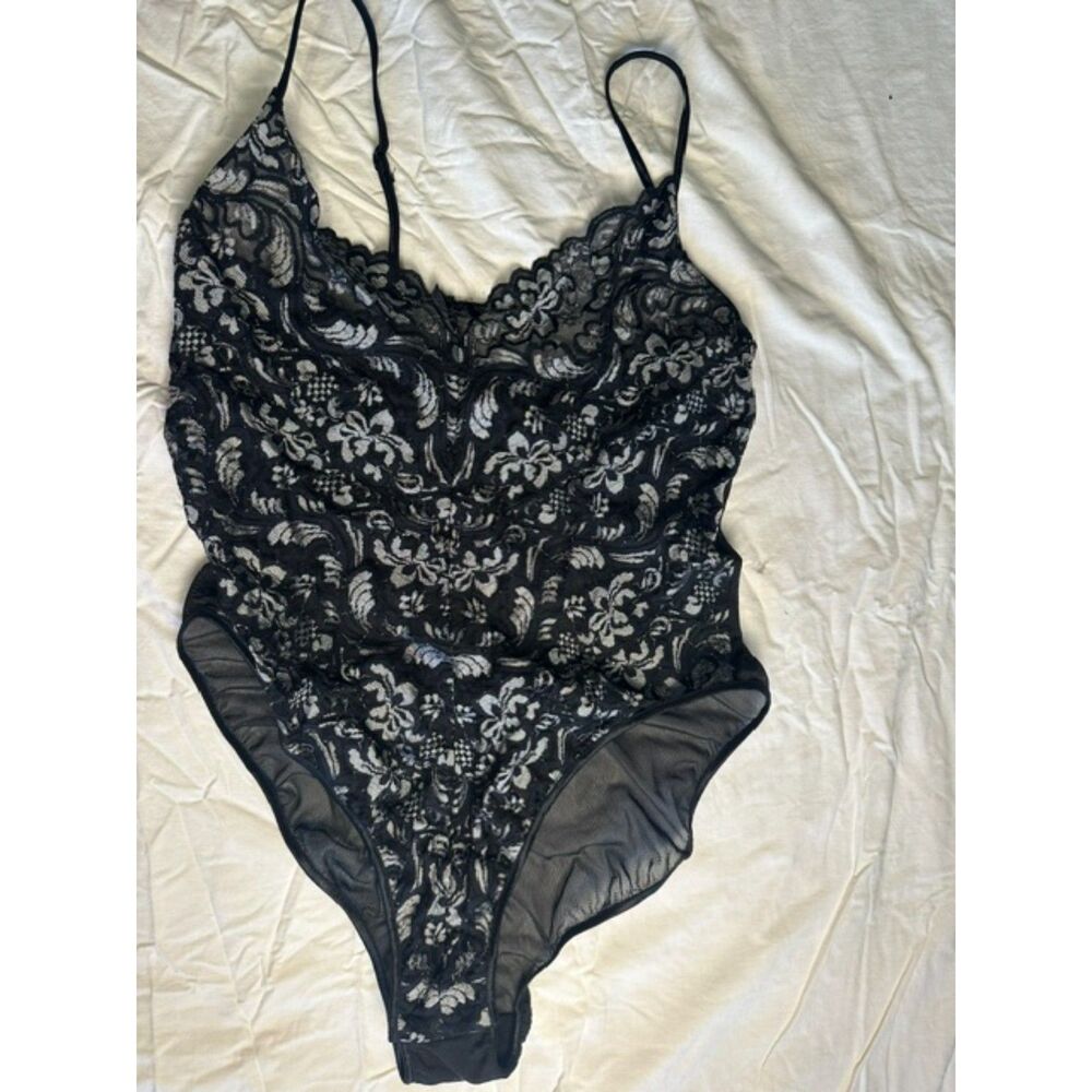 Black Floral Lace Mesh Layering Bodysuit Camisole Snap Crotch XL 8695